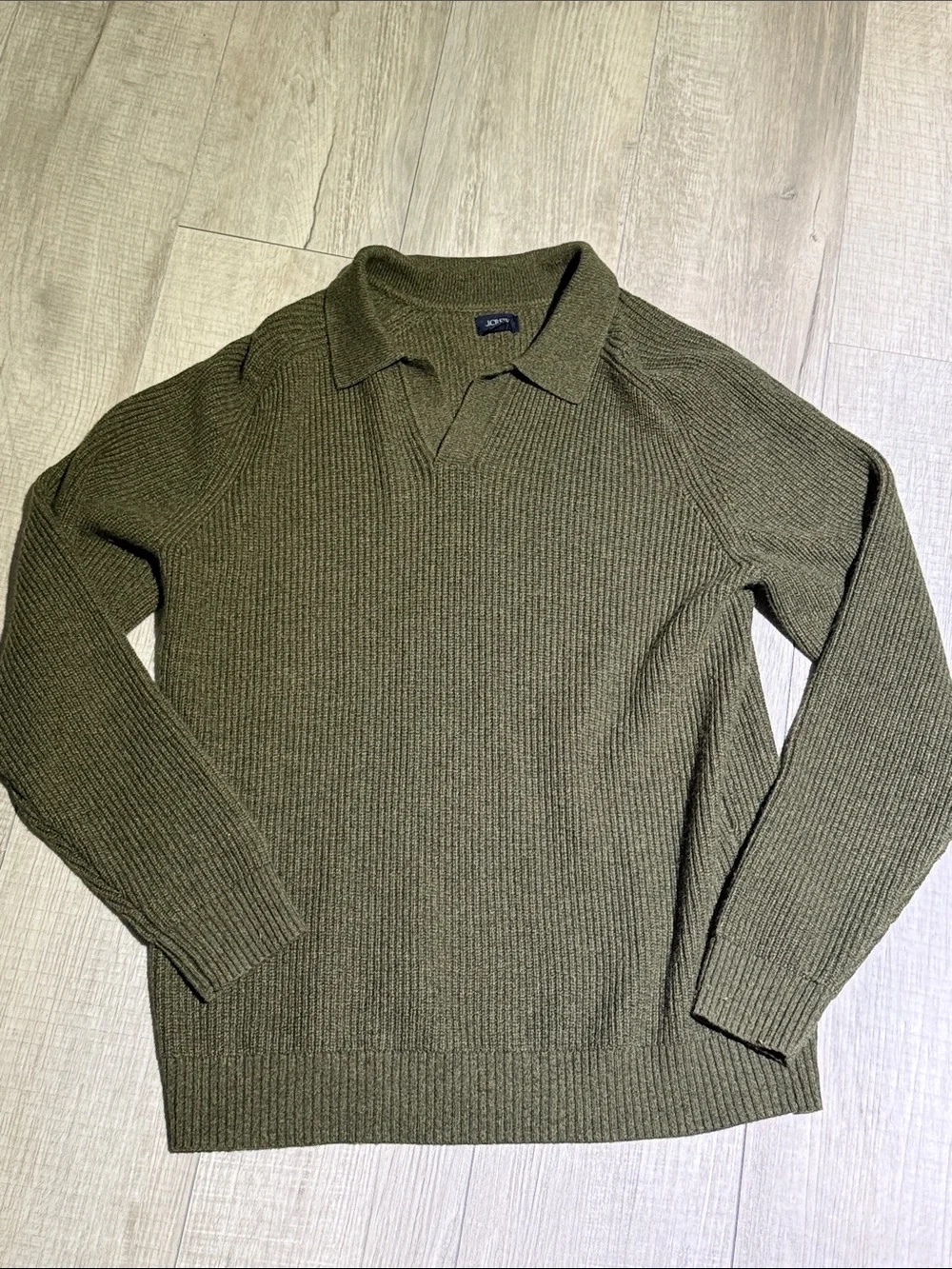 J. Crew Factory Olive Green Ribbed V-Neck Polo Sweater